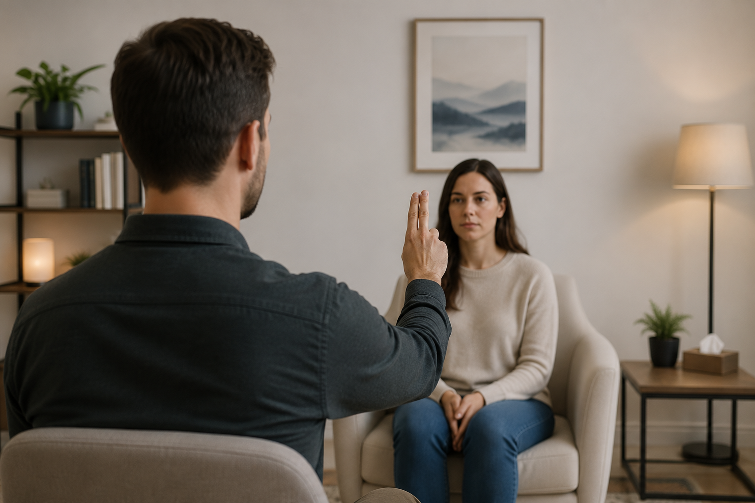 Therapist guiding a client through an EMDR therapy session in a calm counseling office